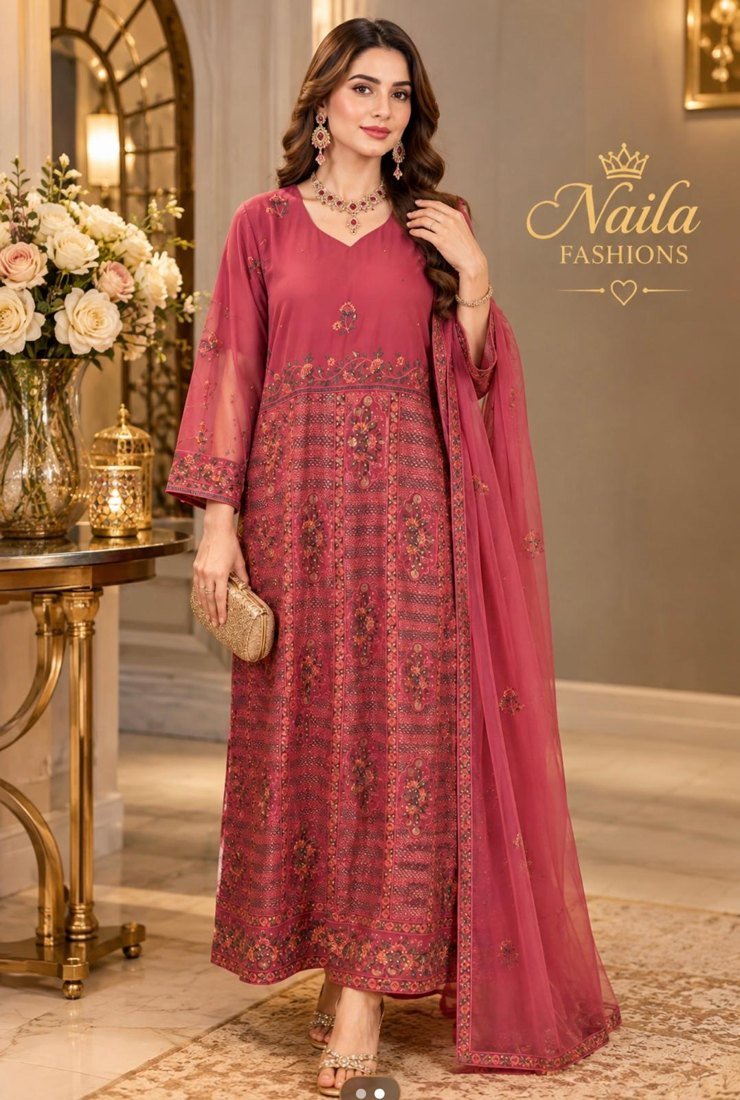 Rose Pink Printed Dress with Dupatta